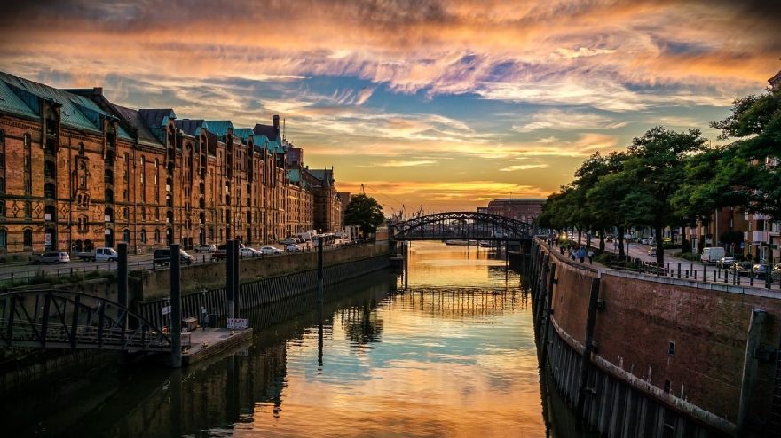 Hamburg warehouse at dusk.